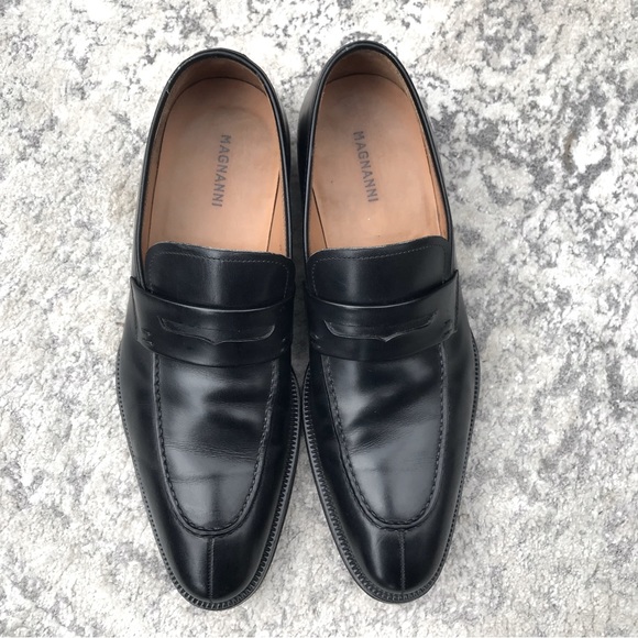 EUC Magnanni Split Toe Black Leather Slip On Penny Loafers Men’s Size 9.5 M - Picture 5 of 11